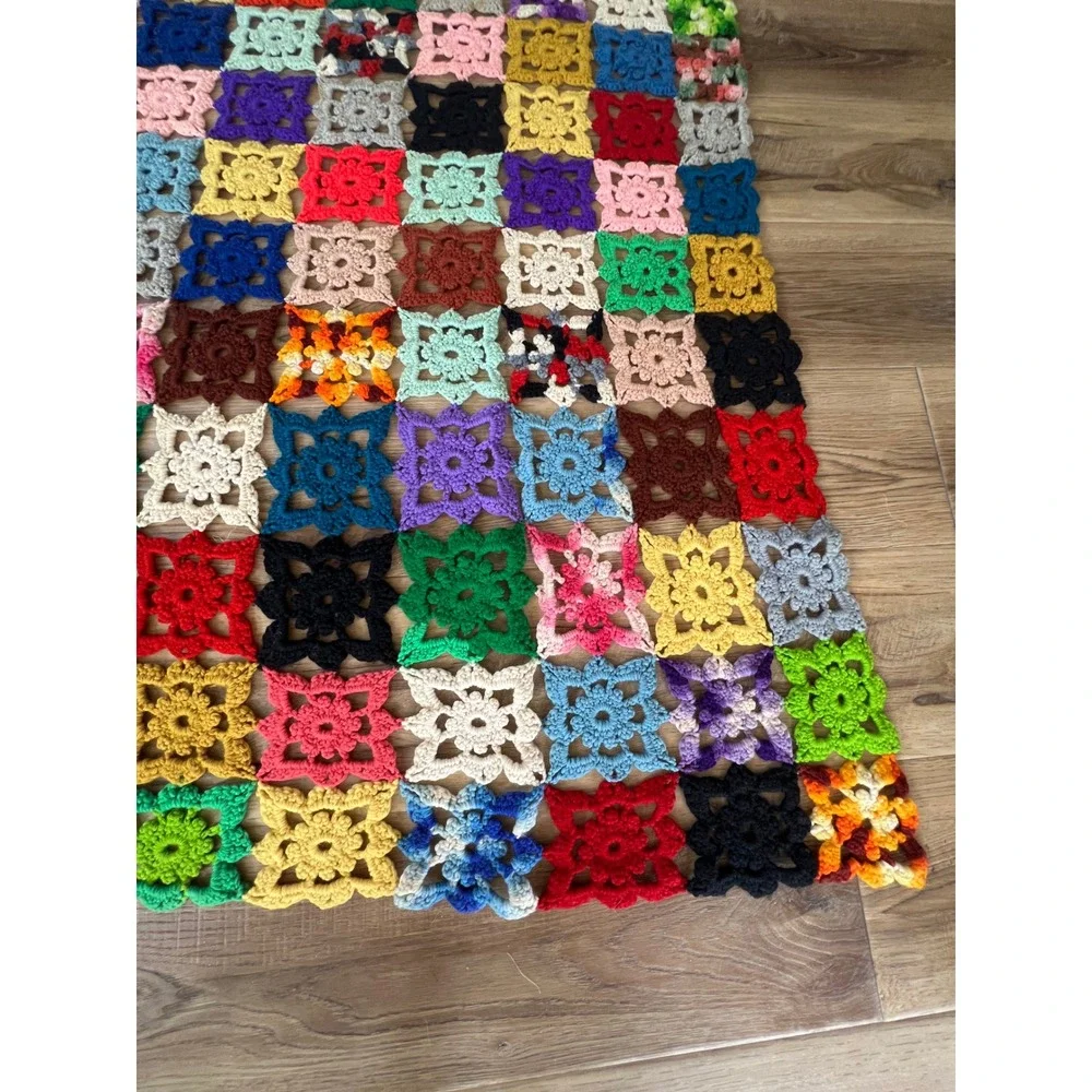 Vintage Handmade Crochet Granny Square Blanket Multi Color Patchwork Throw 55x65